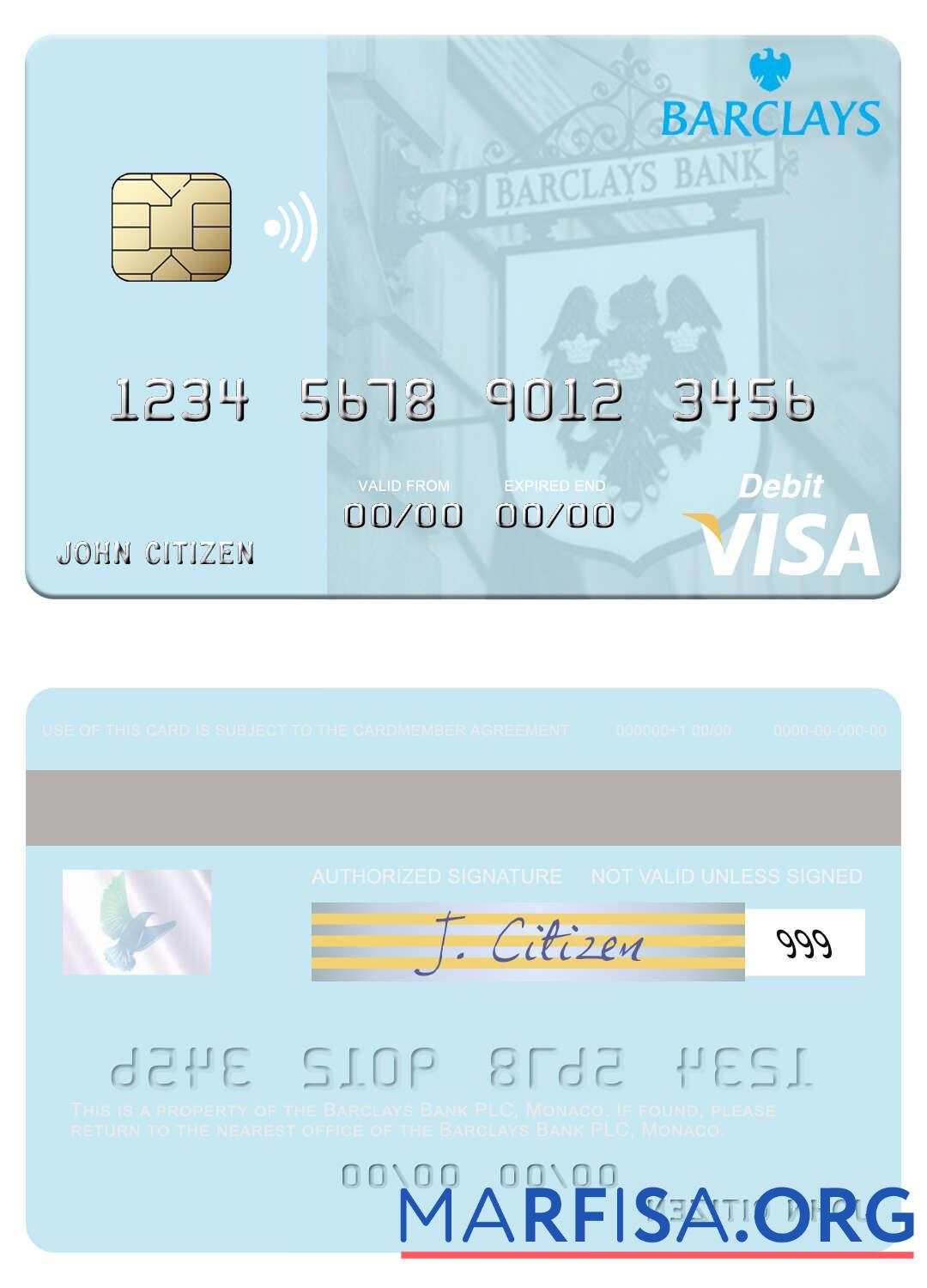 Printable Monaco Barclays Bank PLC visa debit card download for verification